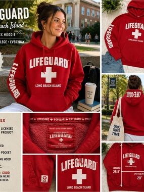 Lifeguard Long Beach Island Hoodie Red Sweatshirt Small Coastal Beach Y2K Surfer